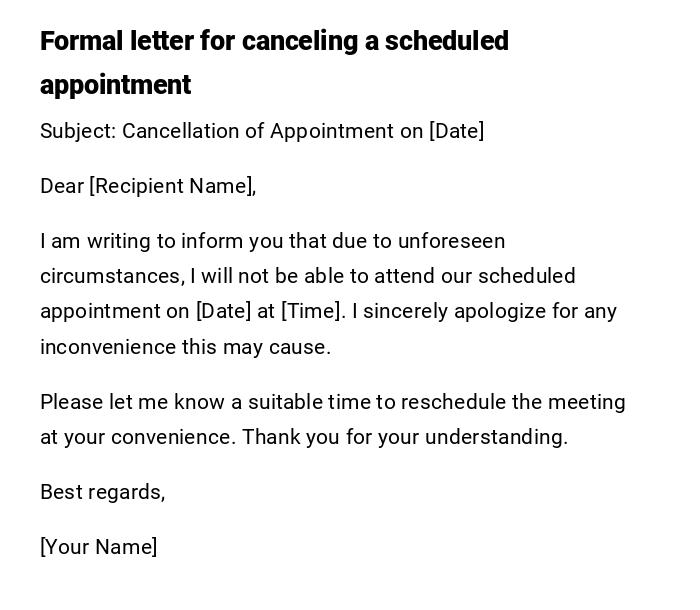 Formal letter for canceling a scheduled appointment