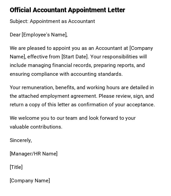 Official Accountant Appointment Letter Official Accountant Appointment Letter