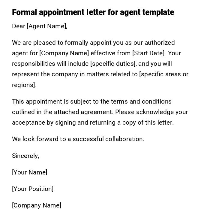 Formal appointment letter for agent template Formal appointment letter for agent template