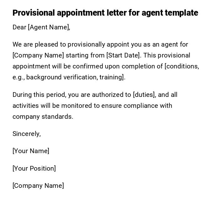 Provisional appointment letter for agent template Provisional appointment letter for agent template