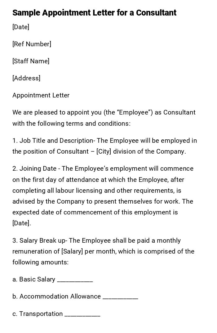 Sample Appointment Letter for a Consultant Sample Appointment Letter for a Consultant