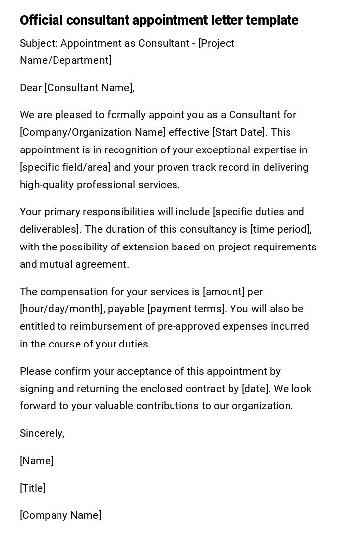 Official consultant appointment letter template Official consultant appointment letter template