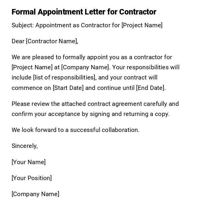 Formal Appointment Letter for Contractor Formal Appointment Letter for Contractor