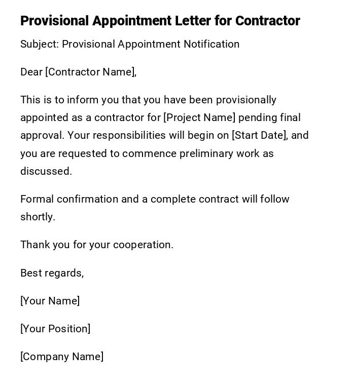 Provisional Appointment Letter for Contractor Provisional Appointment Letter for Contractor