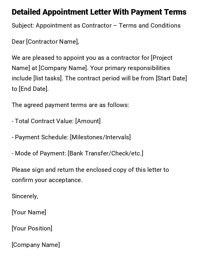 Detailed Appointment Letter With Payment Terms Detailed Appointment Letter With Payment Terms