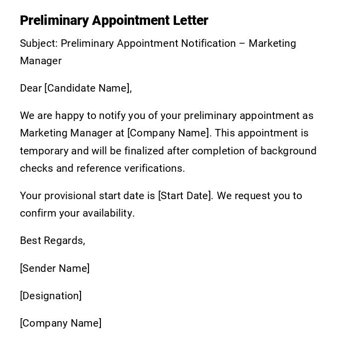 Preliminary Appointment Letter