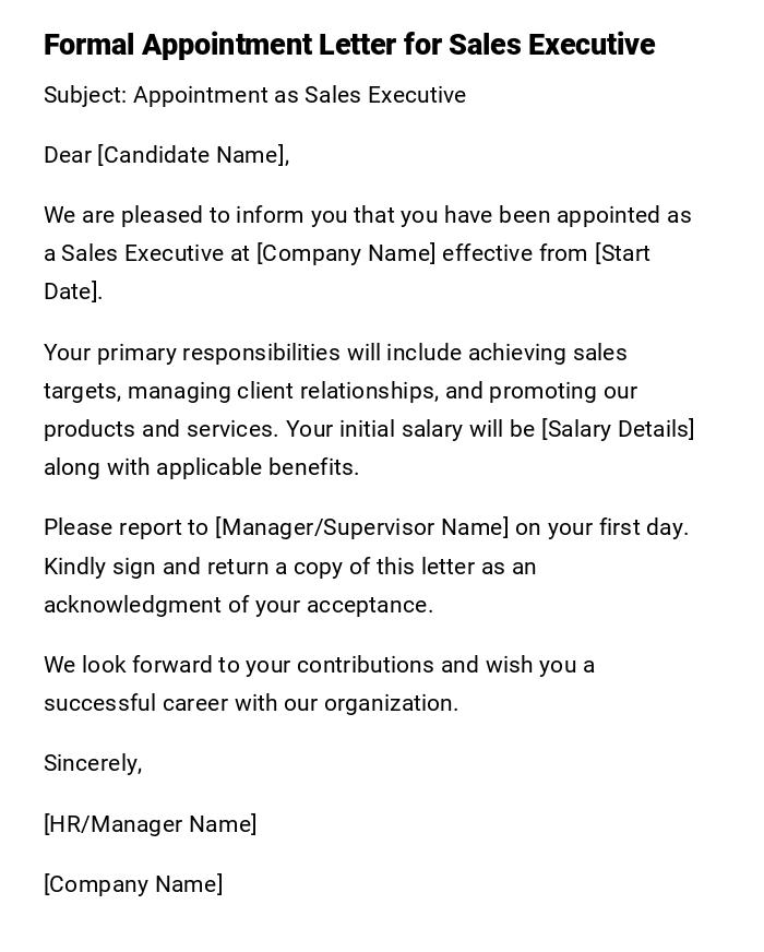 Formal Appointment Letter for Sales Executive