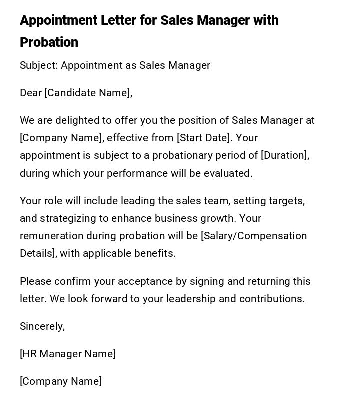 Appointment Letter for Sales Manager with Probation