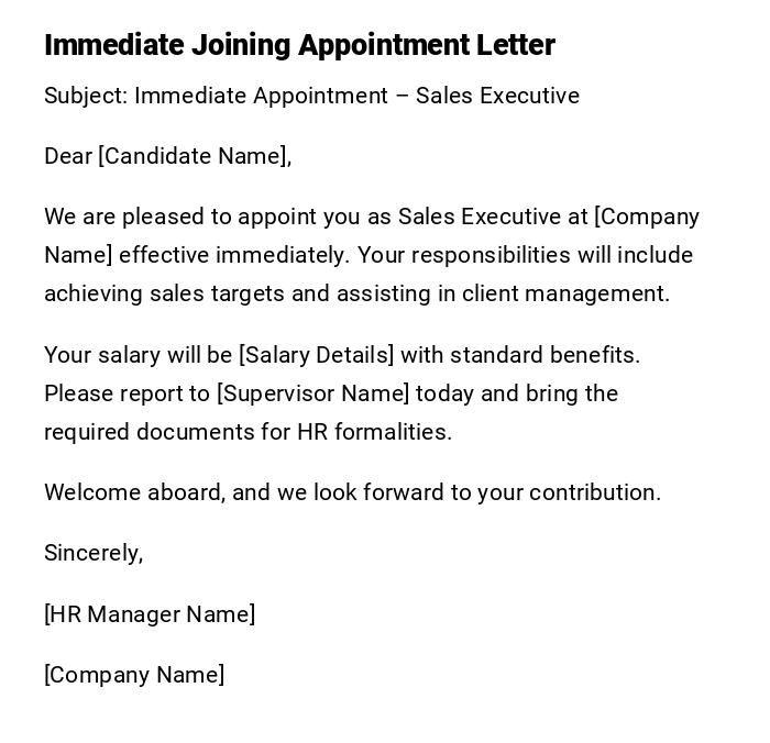 Immediate Joining Appointment Letter