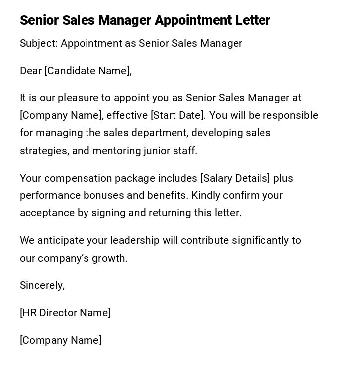 Senior Sales Manager Appointment Letter