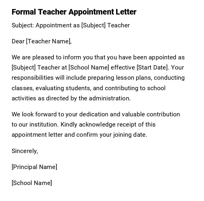 Formal Teacher Appointment Letter Formal Teacher Appointment Letter