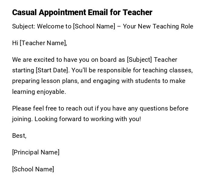 Casual Appointment Email for Teacher Casual Appointment Email for Teacher