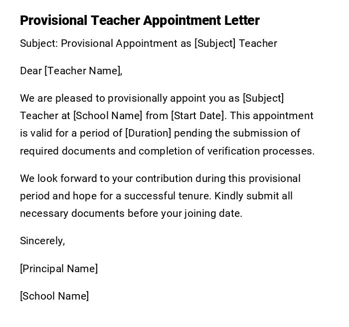 Provisional Teacher Appointment Letter Provisional Teacher Appointment Letter