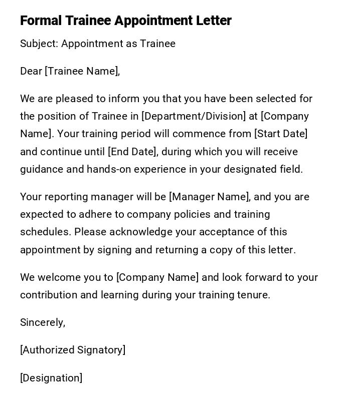 Formal Trainee Appointment Letter Formal Trainee Appointment Letter