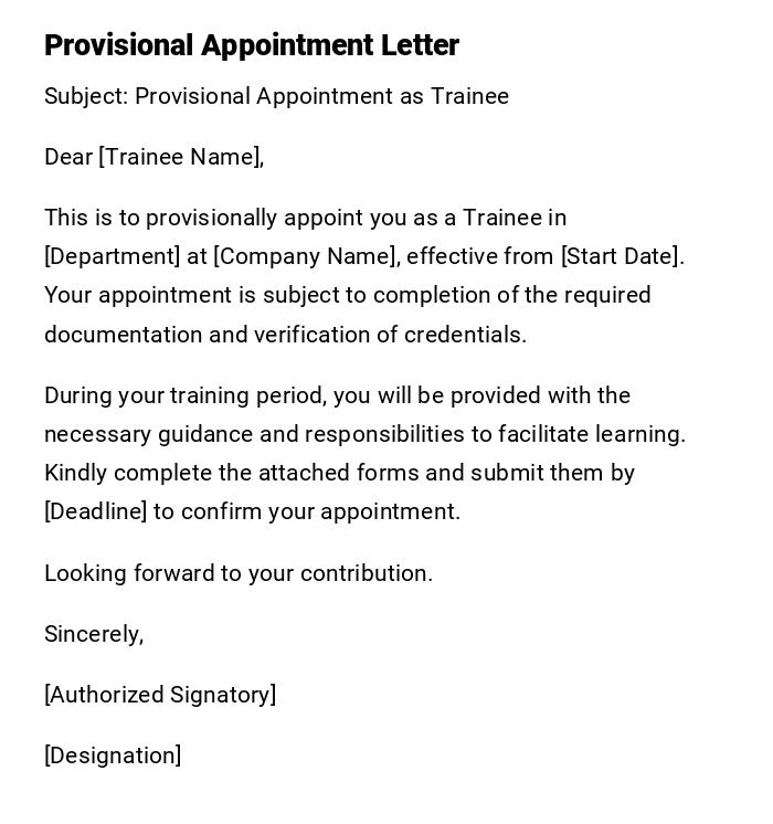 Provisional Appointment Letter Provisional Appointment Letter