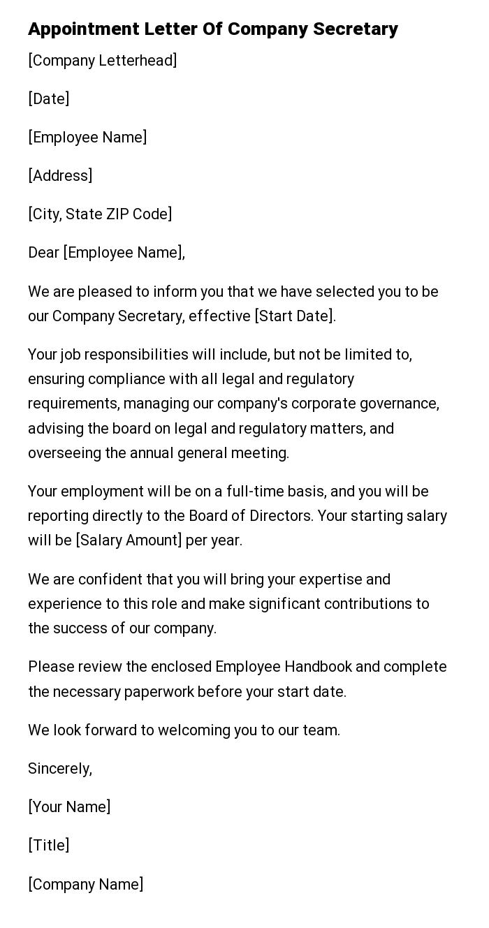 Appointment Letter Of Company Secretary