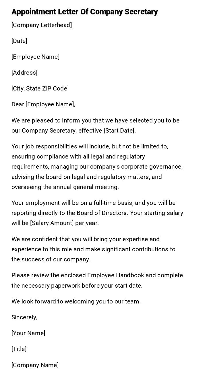 Appointment Letter Of Company Secretary