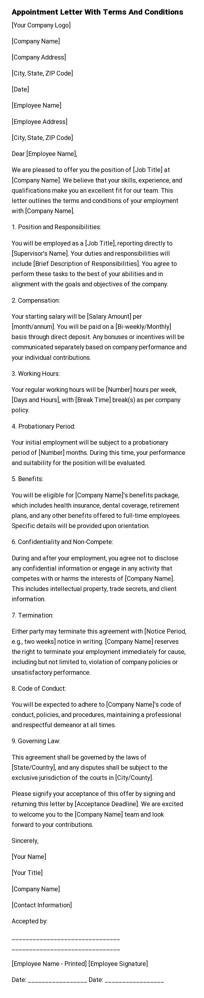 Appointment Letter With Terms And Conditions