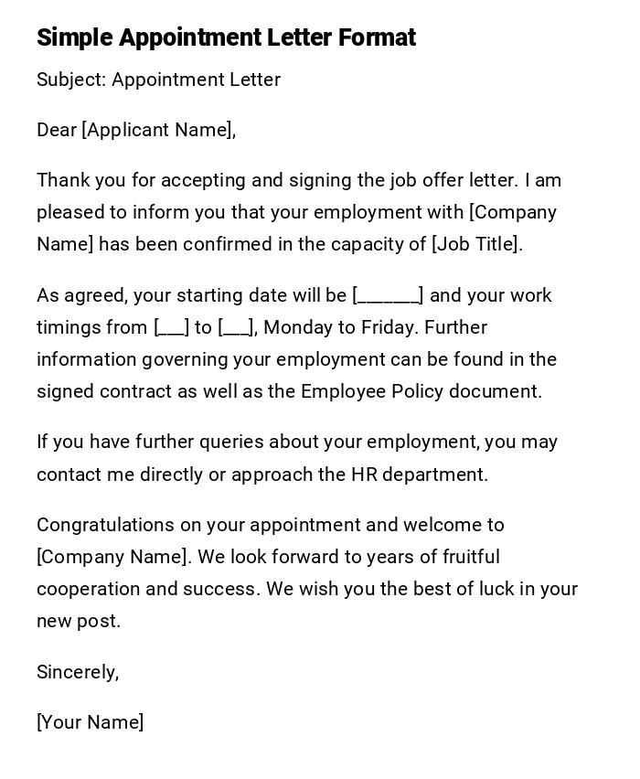Simple Appointment Letter Format