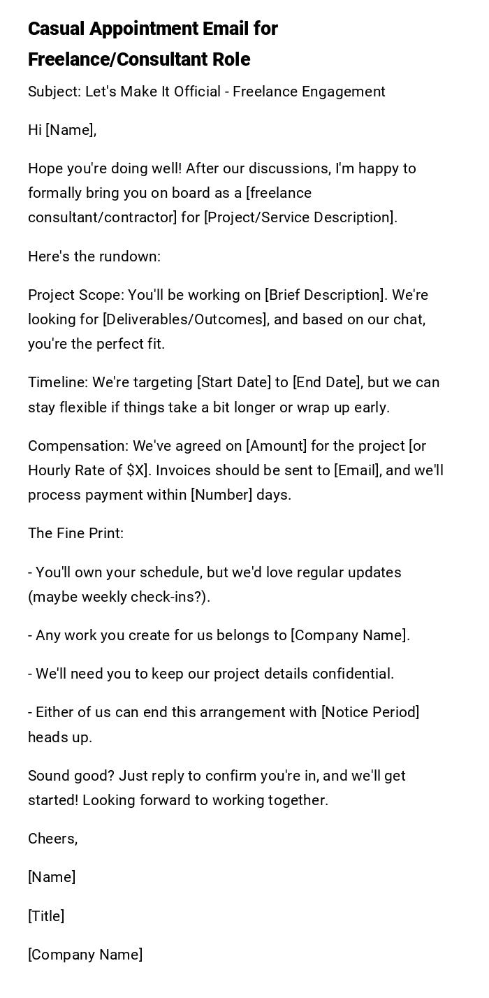 Casual Appointment Email for Freelance/Consultant Role