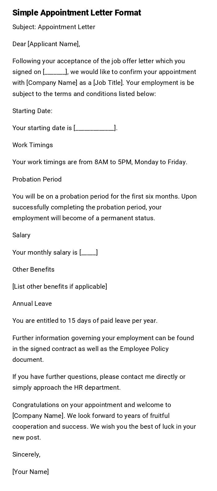 Simple Appointment Letter Format