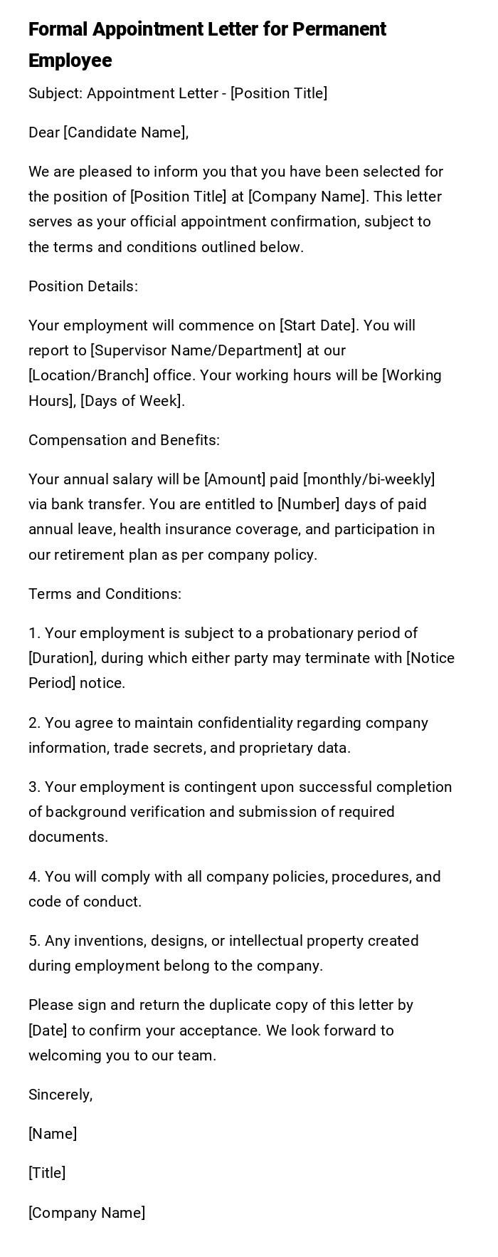 Formal Appointment Letter for Permanent Employee