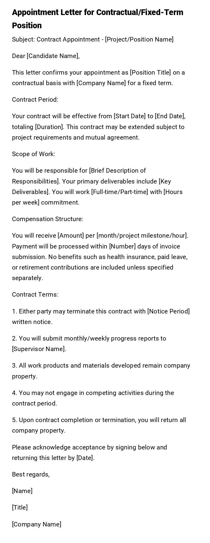 Appointment Letter for Contractual/Fixed-Term Position