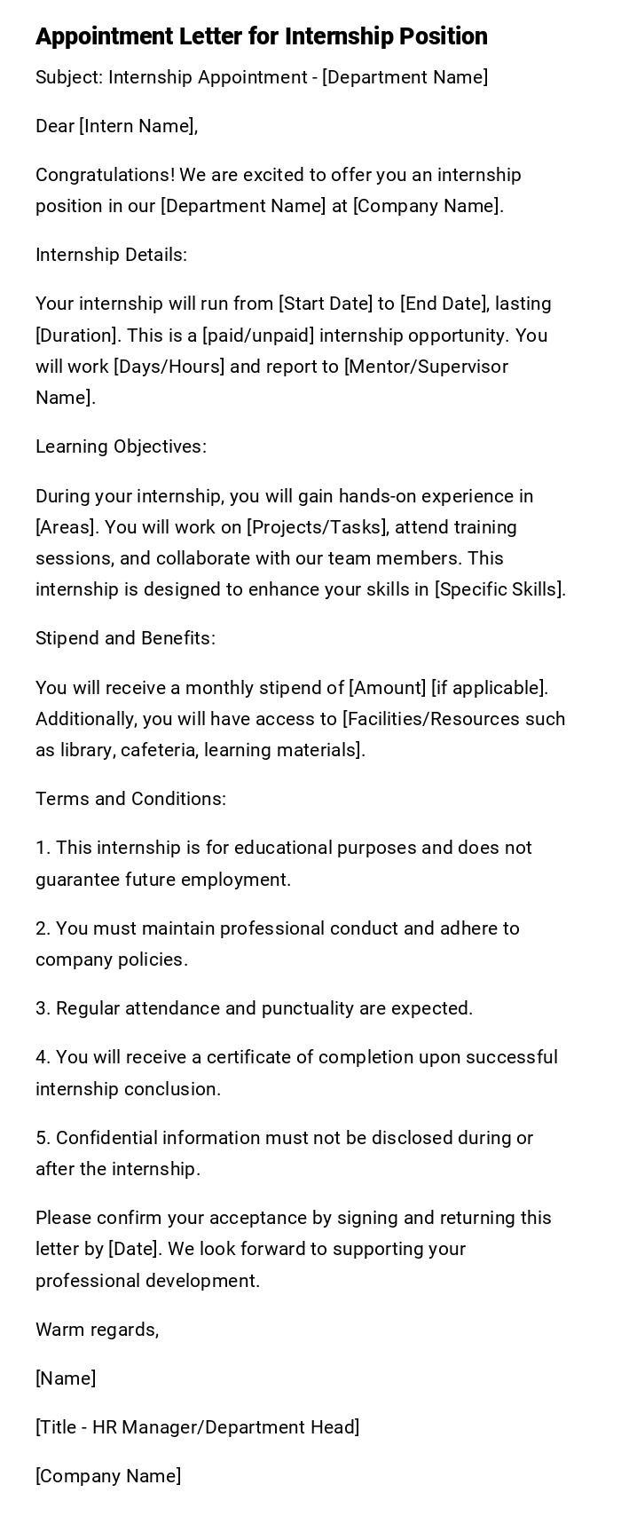 Appointment Letter for Internship Position