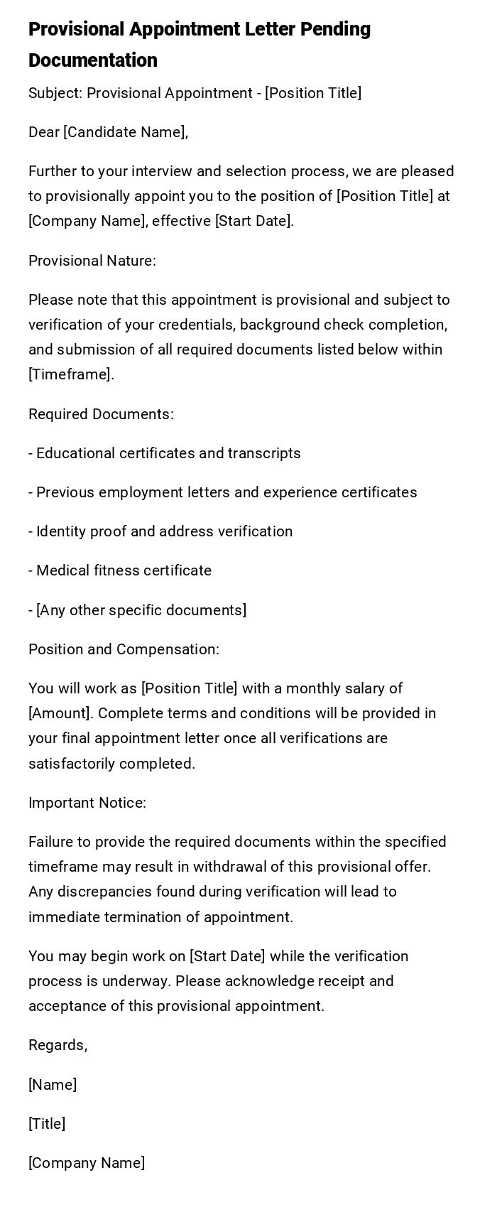 Provisional Appointment Letter Pending Documentation