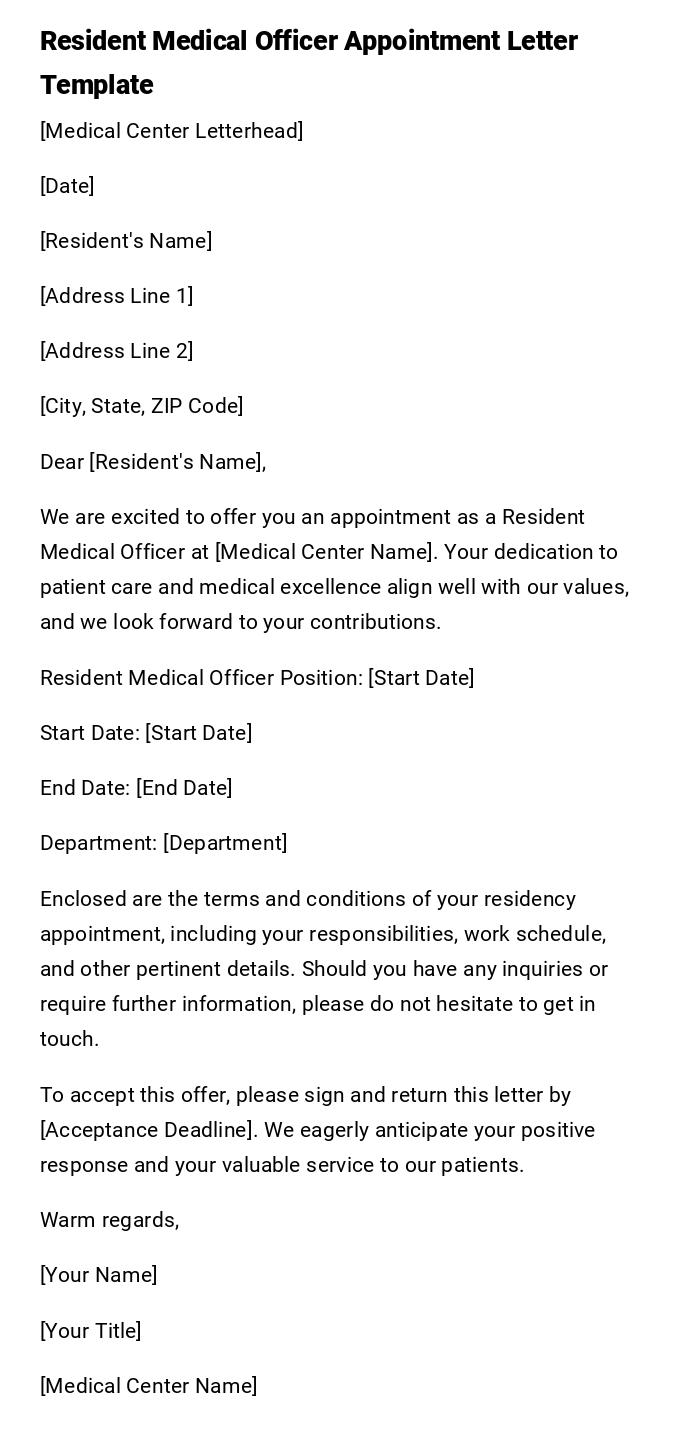 Resident Medical Officer Appointment Letter Template