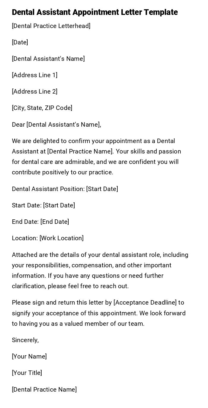 Dental Assistant Appointment Letter Template