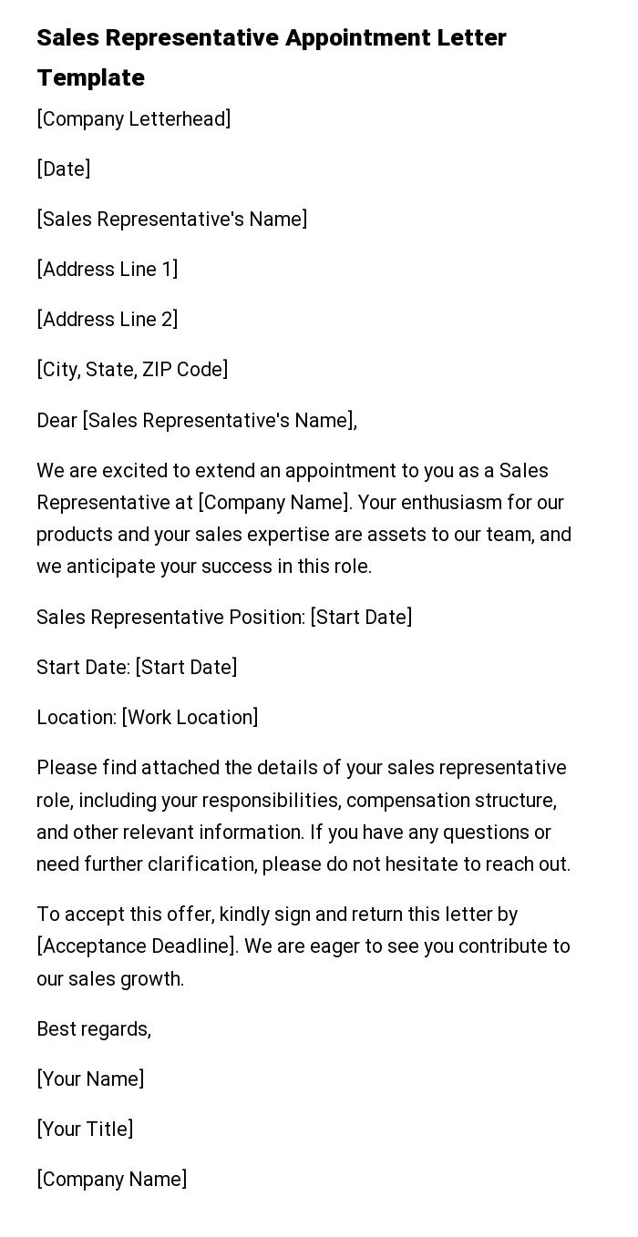 Sales Representative Appointment Letter Template