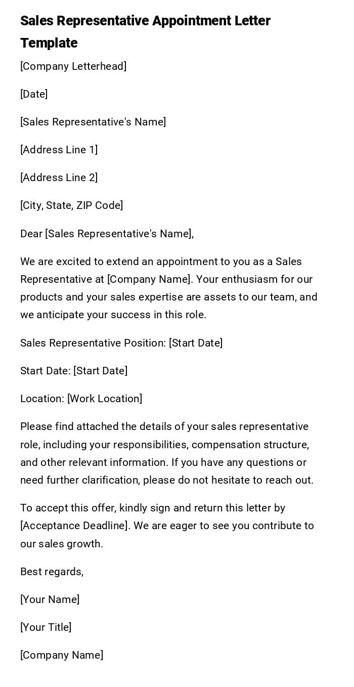 Sales Representative Appointment Letter Template