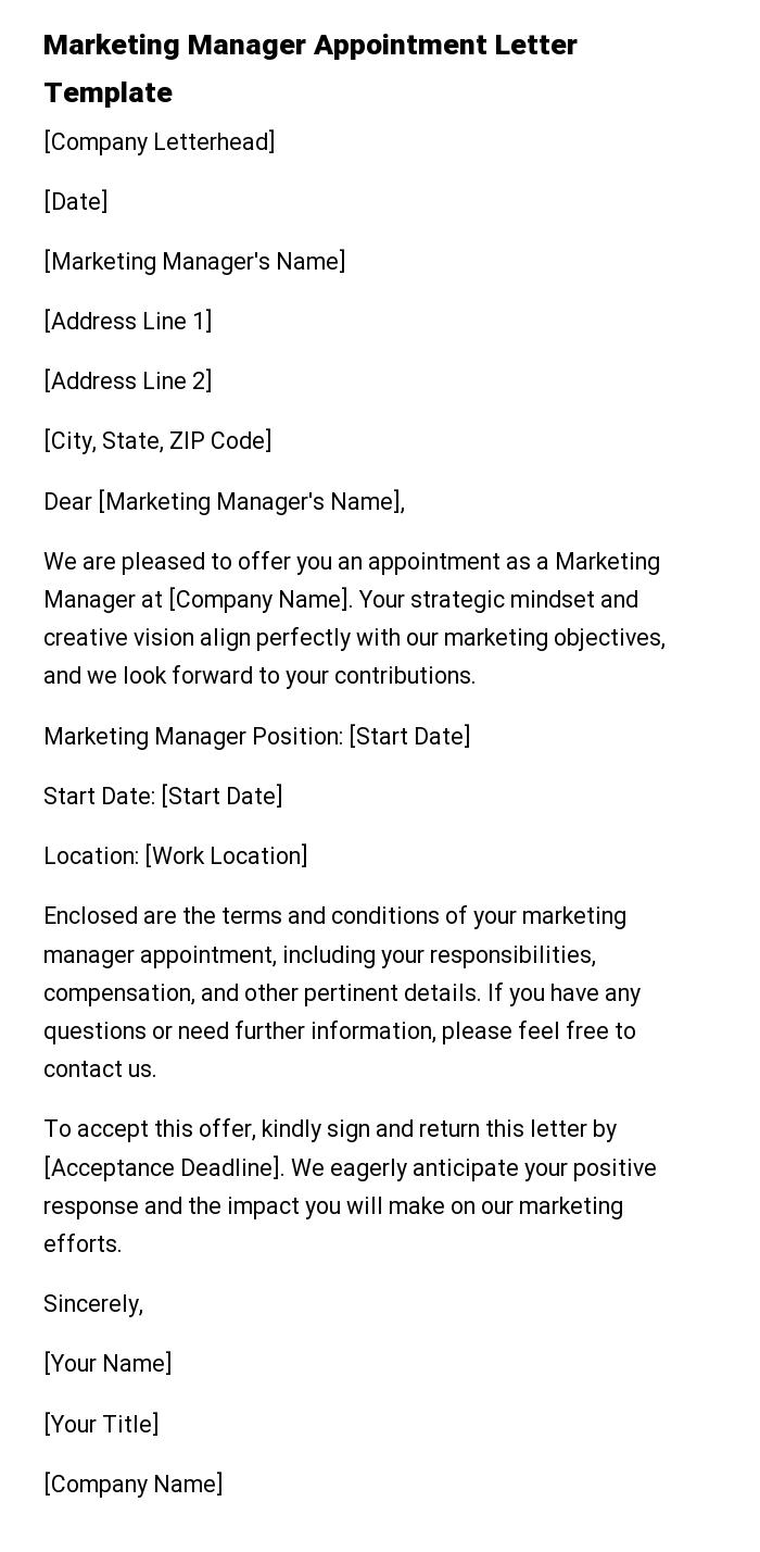 Marketing Manager Appointment Letter Template