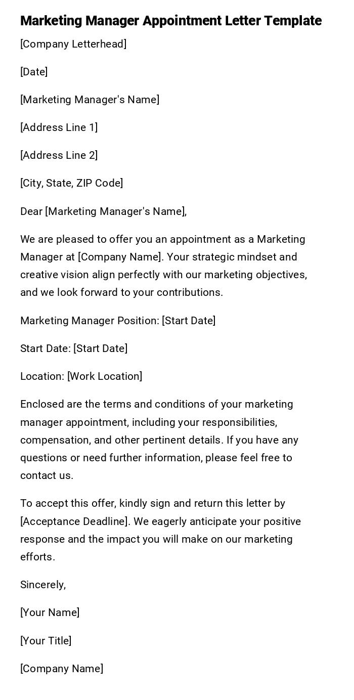 Marketing Manager Appointment Letter Template