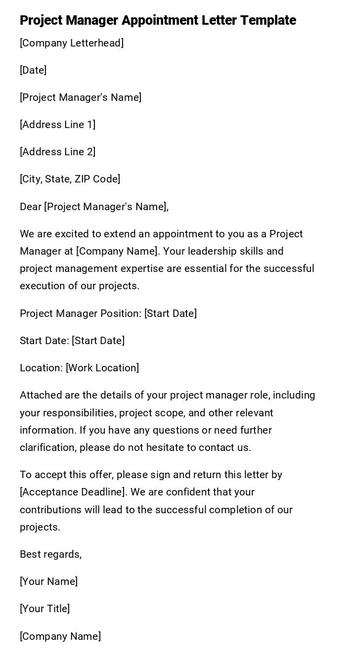 Project Manager Appointment Letter Template