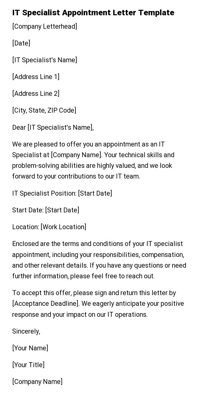 IT Specialist Appointment Letter Template