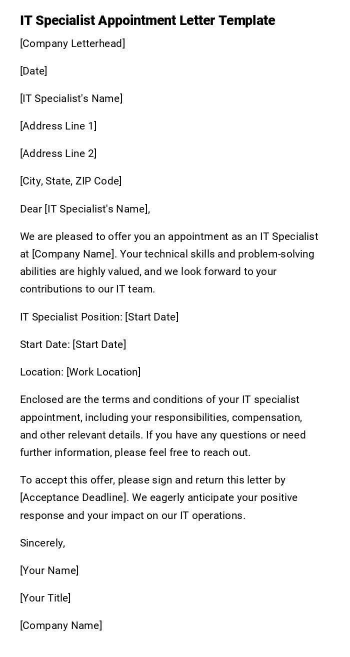 IT Specialist Appointment Letter Template