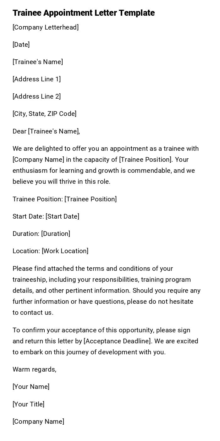 Trainee Appointment Letter Template