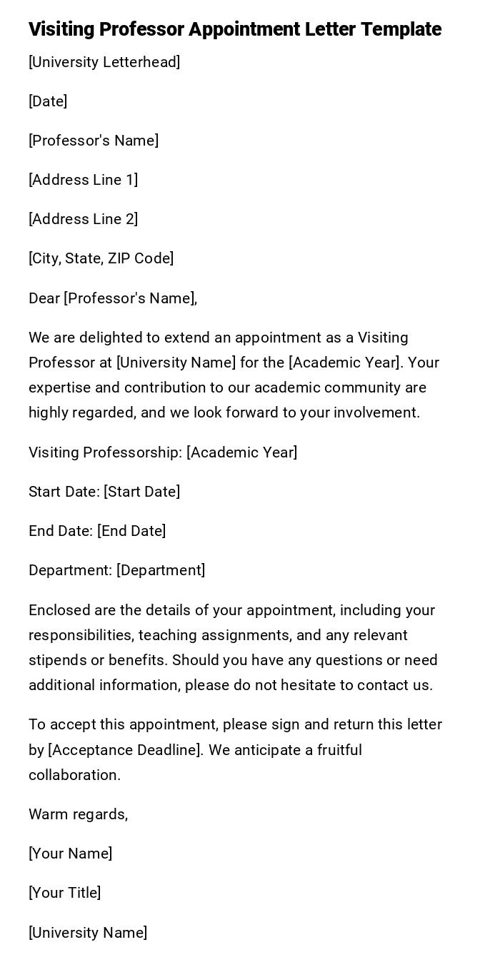 Visiting Professor Appointment Letter Template