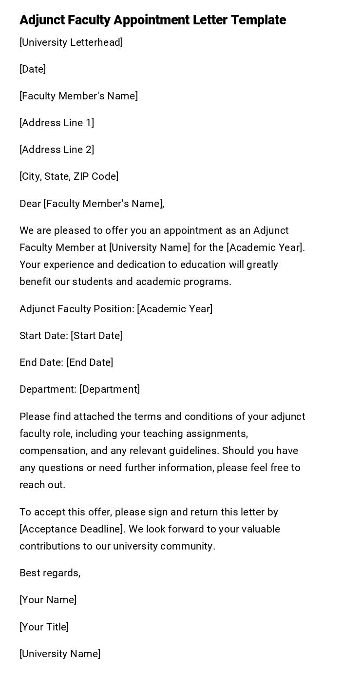 Adjunct Faculty Appointment Letter Template