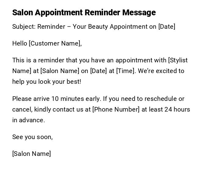 Salon Appointment Reminder Message