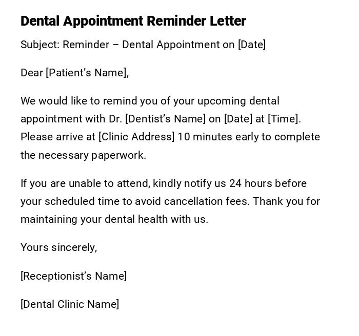 Dental Appointment Reminder Letter