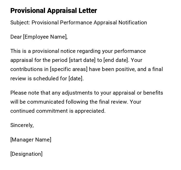 Provisional Appraisal Letter Provisional Appraisal Letter
