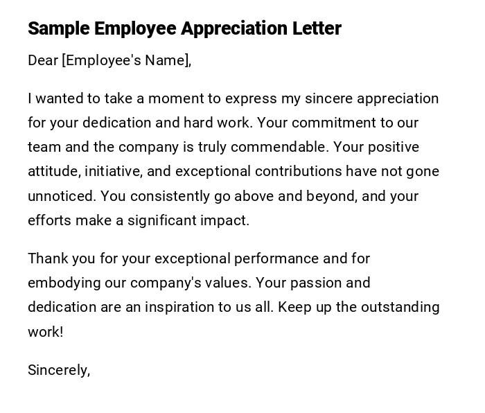 Sample Employee Appreciation Letter Sample Employee Appreciation Letter