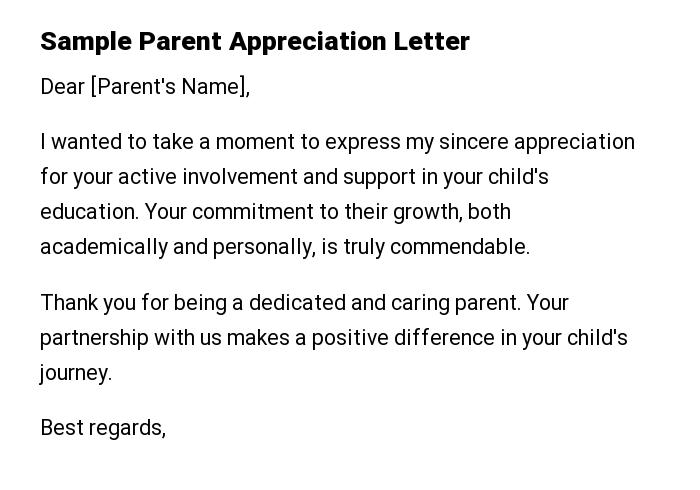 Sample Parent Appreciation Letter