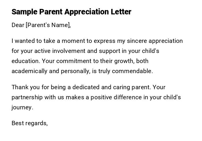 Sample Parent Appreciation Letter Sample Parent Appreciation Letter