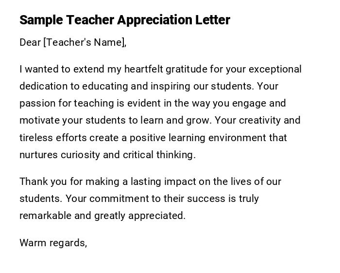 Sample Teacher Appreciation Letter Sample Teacher Appreciation Letter