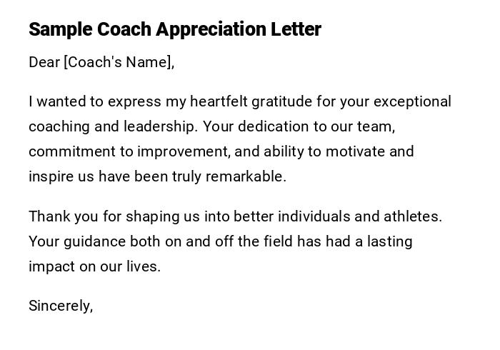 Sample Coach Appreciation Letter Sample Coach Appreciation Letter
