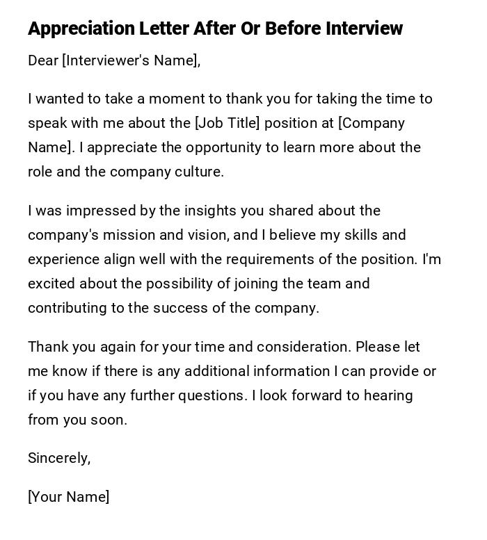 Appreciation Letter After Or Before Interview